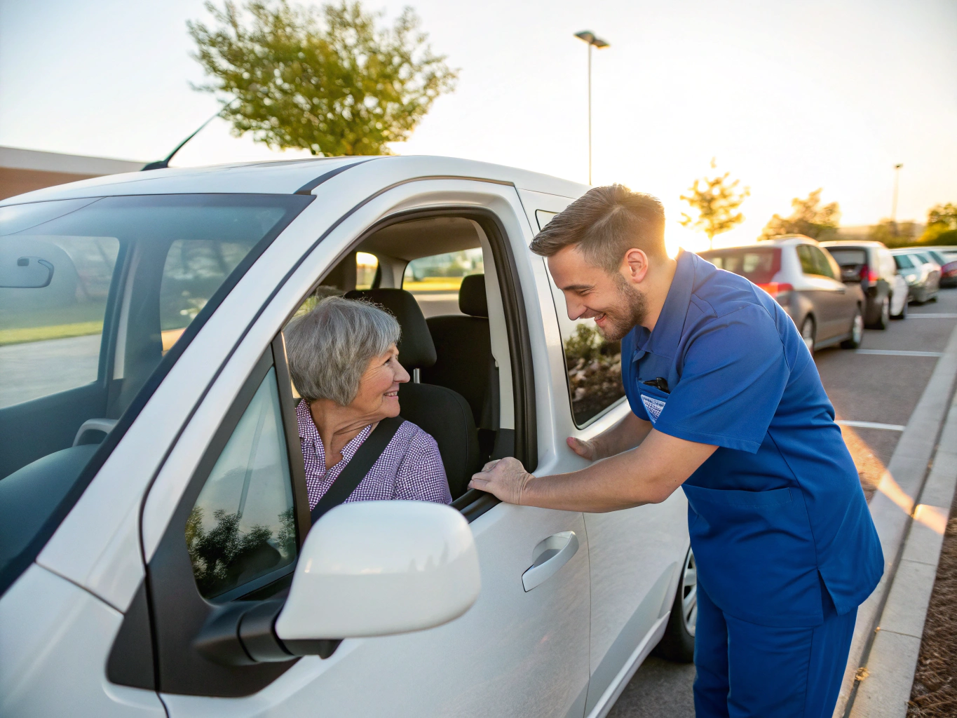 Dedicated care specialist assisting a senior passenger into the burgundy Durango for a recurring scheduled appointment