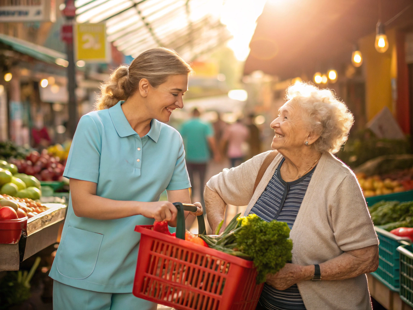 Specialist assisting a client with groceries and steady walking support beside the burgundy Durango, reflecting friendly conversation and realistic companion care