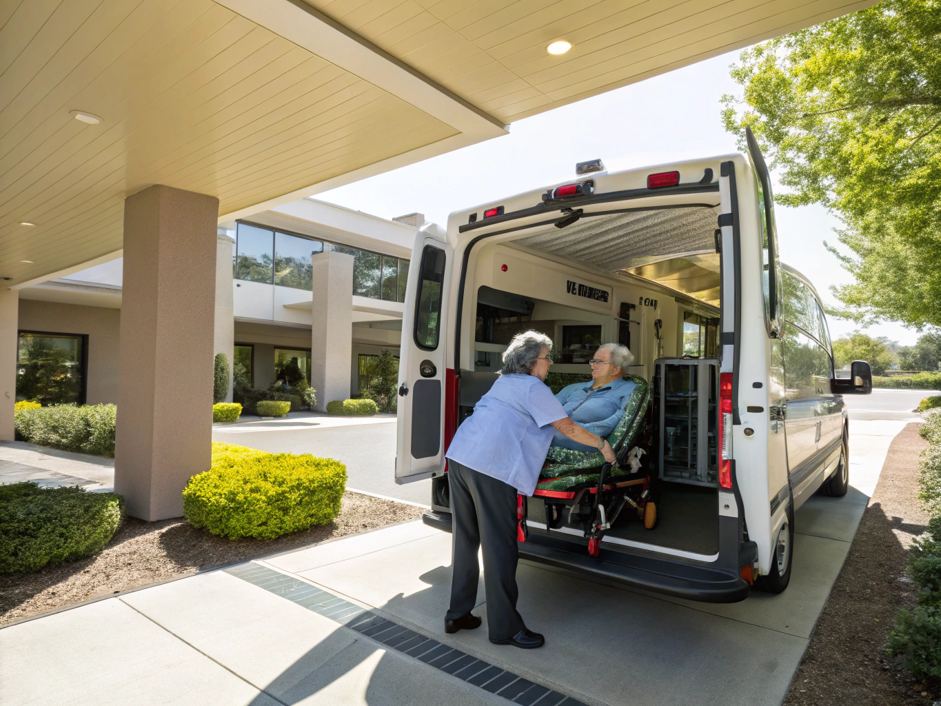 Patient arriving safely at a routine outpatient clinic in the burgundy Dodge Durango with dark black tint, assisted by a professional care escort